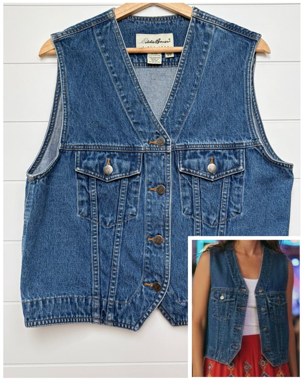 Eddie Bauer Denim Jean Vest V-Neck Size S Country Western 90s Rodeo Festival